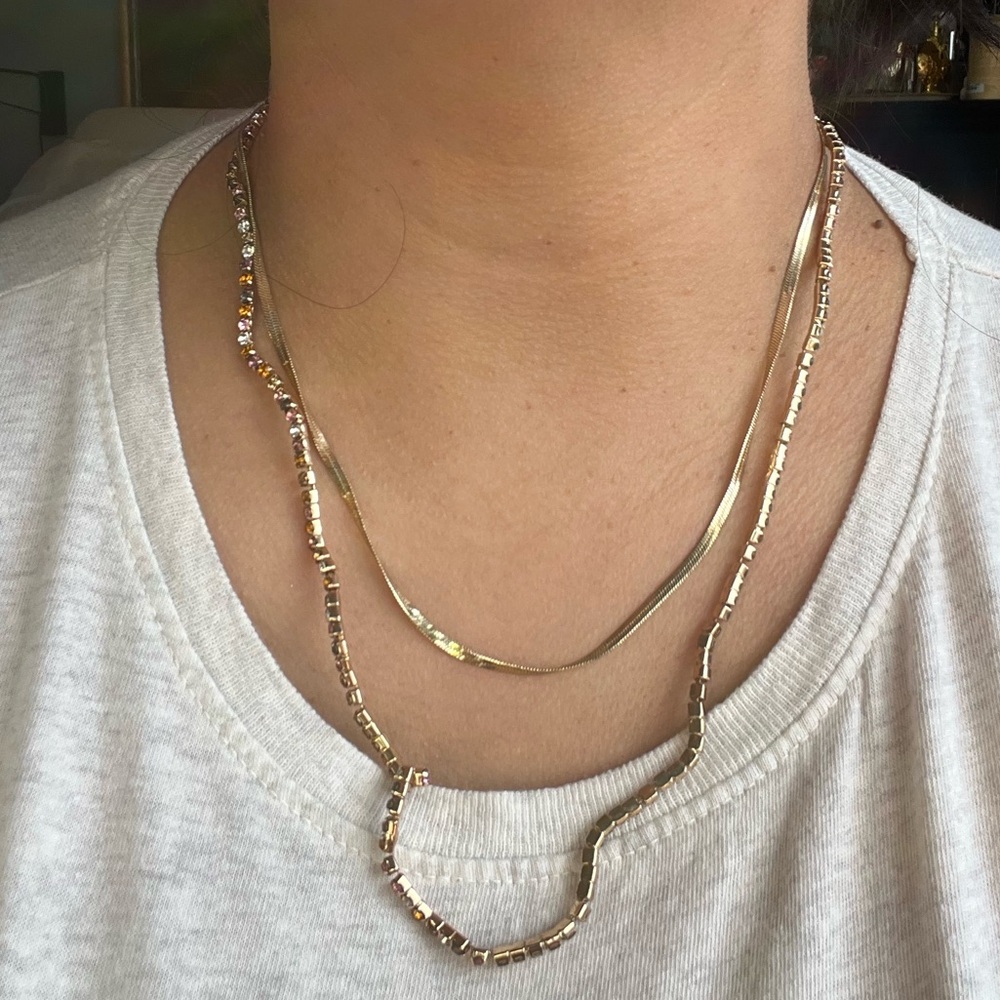 Double Chain faux gold necklace with colorful rhinestones